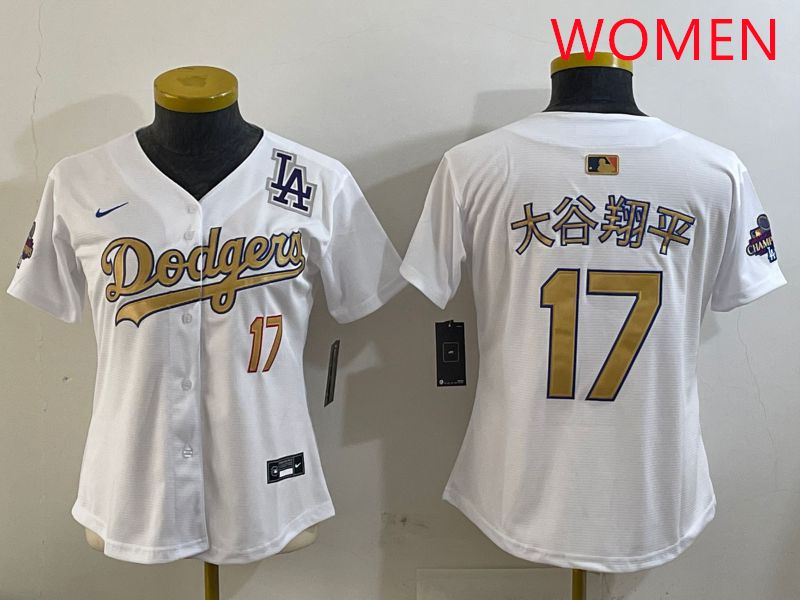 Women Los Angeles Dodgers #17 Ohtani White Champion gold character 2025 Nike MLB Jersey style 6